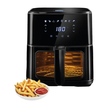 a black air fryer with fries and french fries