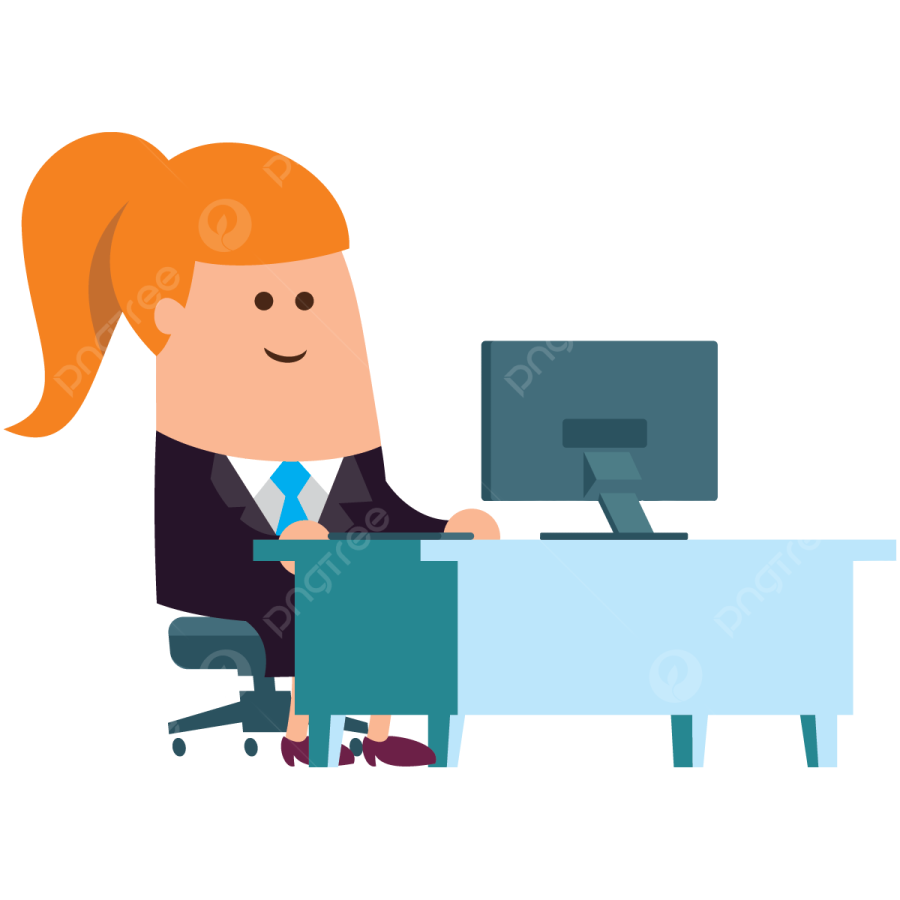 a woman sitting at her desk in front of a computer