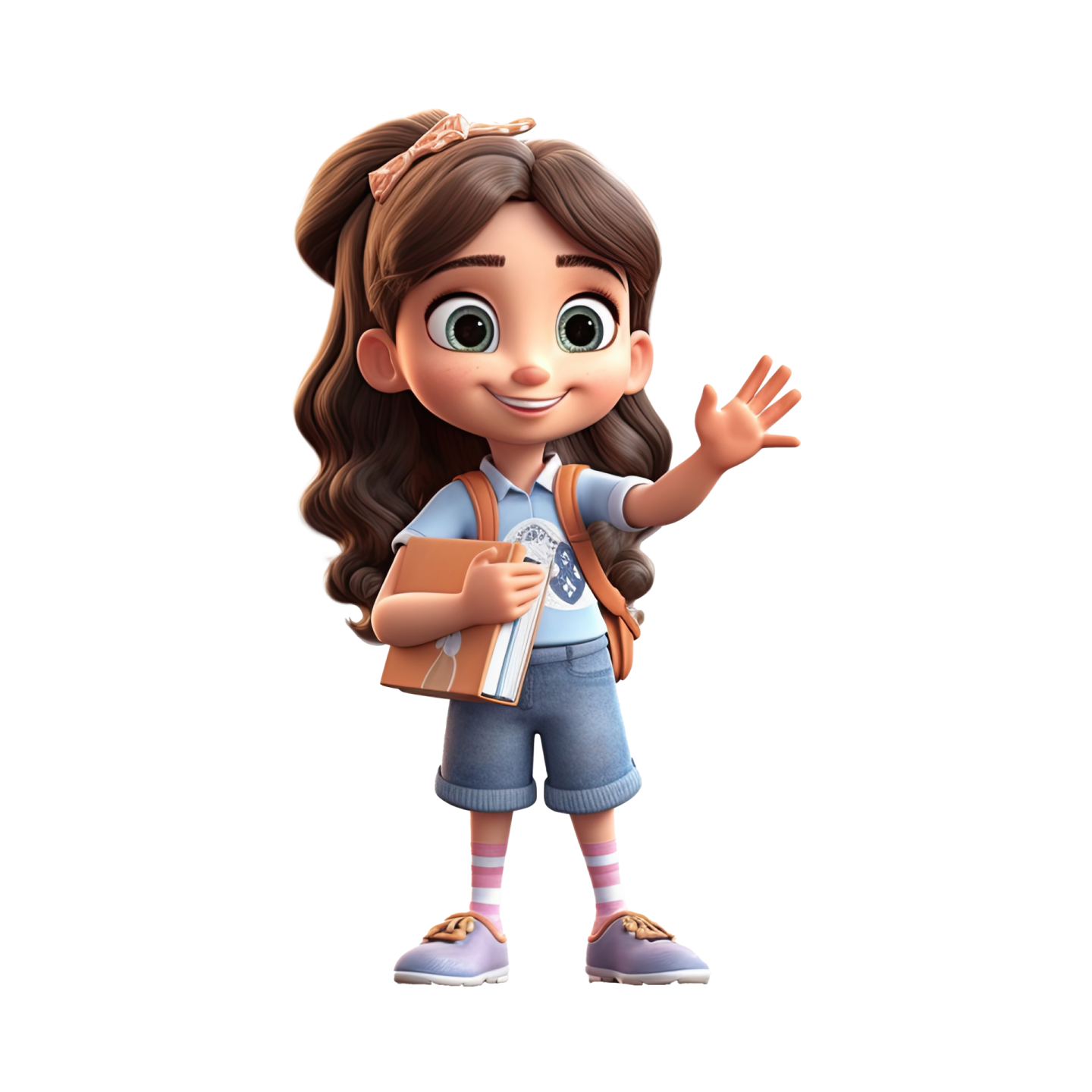 a little girl with long brown hair, wearing a backpack and holding a book
