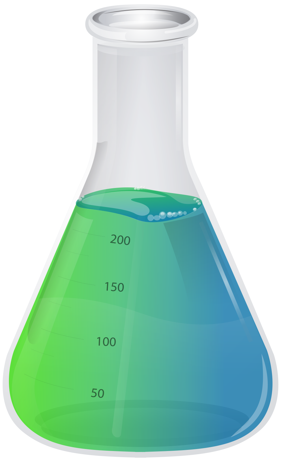 a beakle filled with blue and green liquid