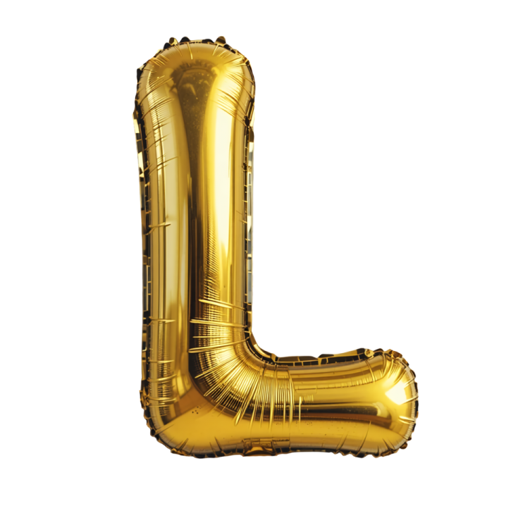 a gold foil balloon shaped like the letter l