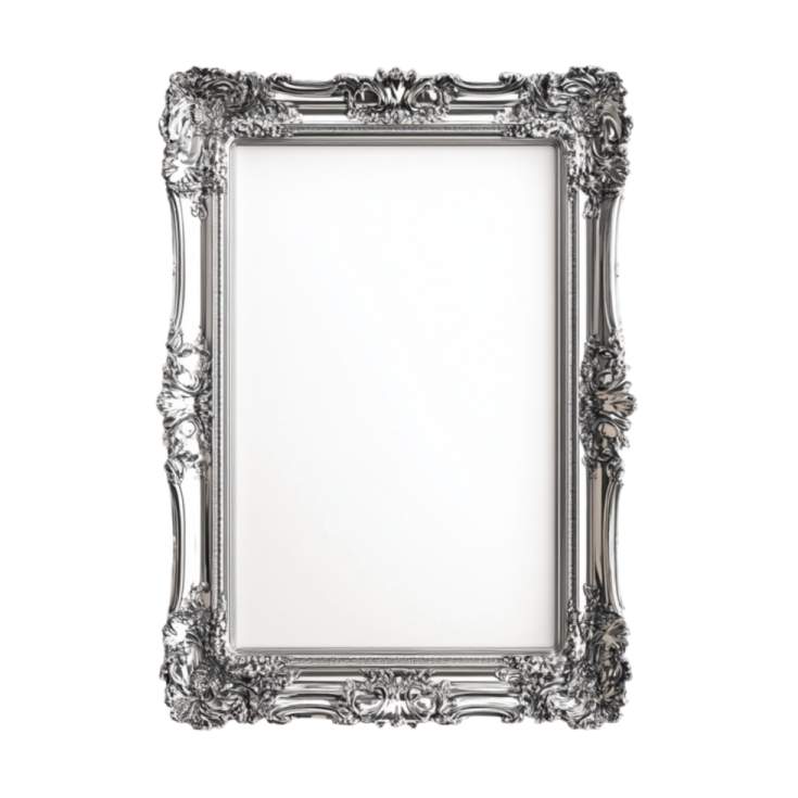 a silver framed mirror on a white background