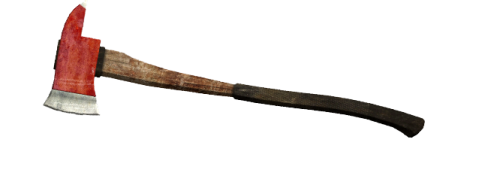 an axe with a red handle on it