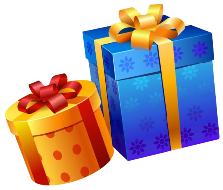 a blue gift box with a yellow ribbon and a red bow