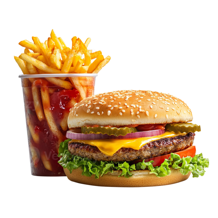 a hamburger and french fries on a white background