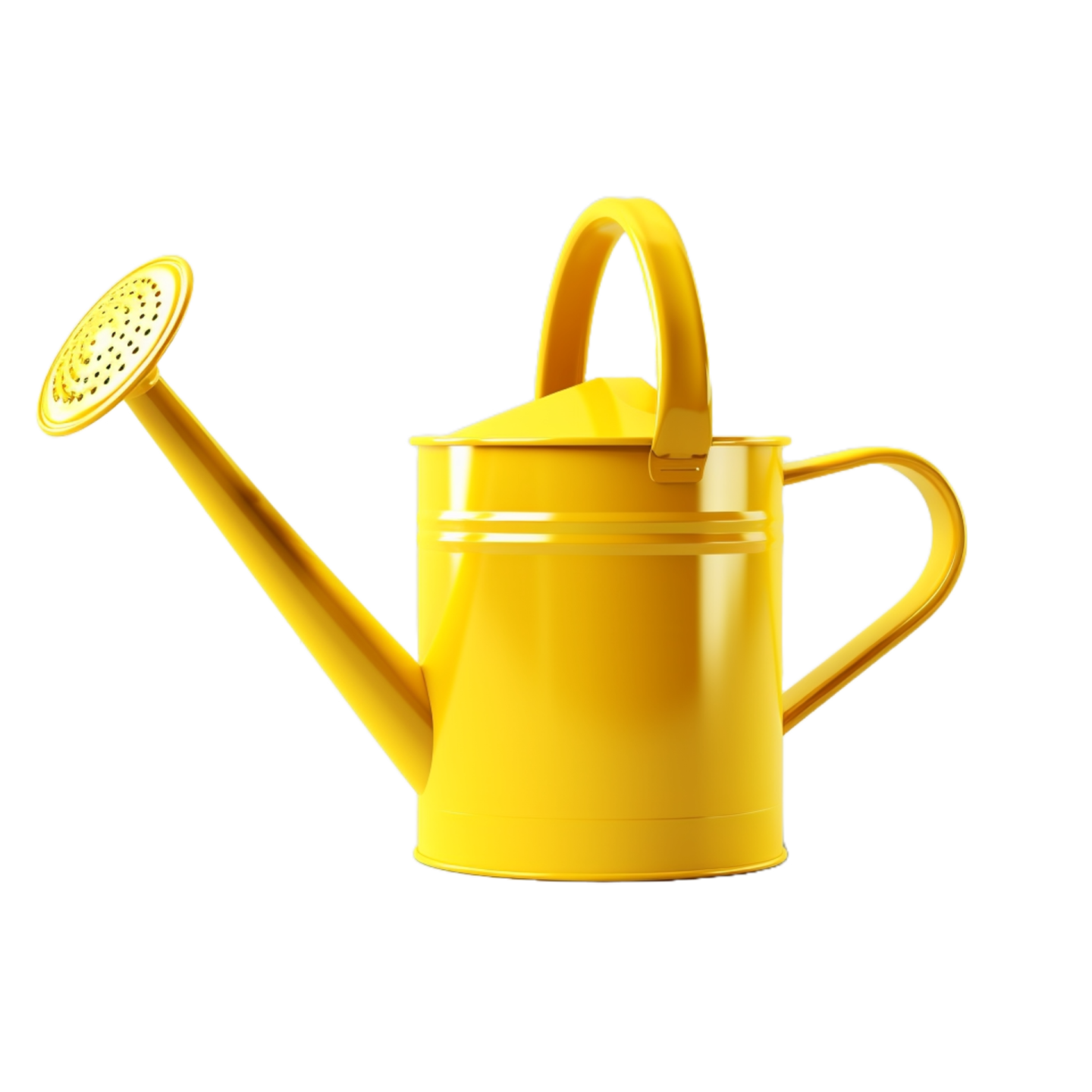 A yellow watering with a metal handle