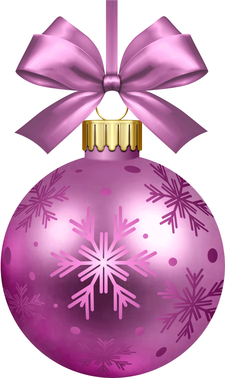 a pink christmas orname with a bow and snowfl