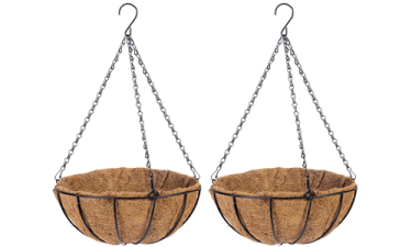 a pair of hanging baskets with chains