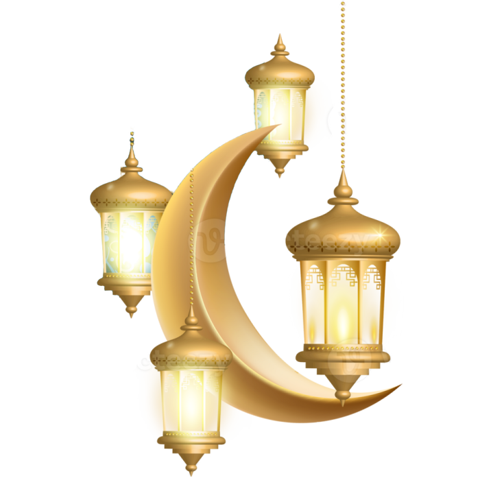 a crescent with two lanterns hanging from it