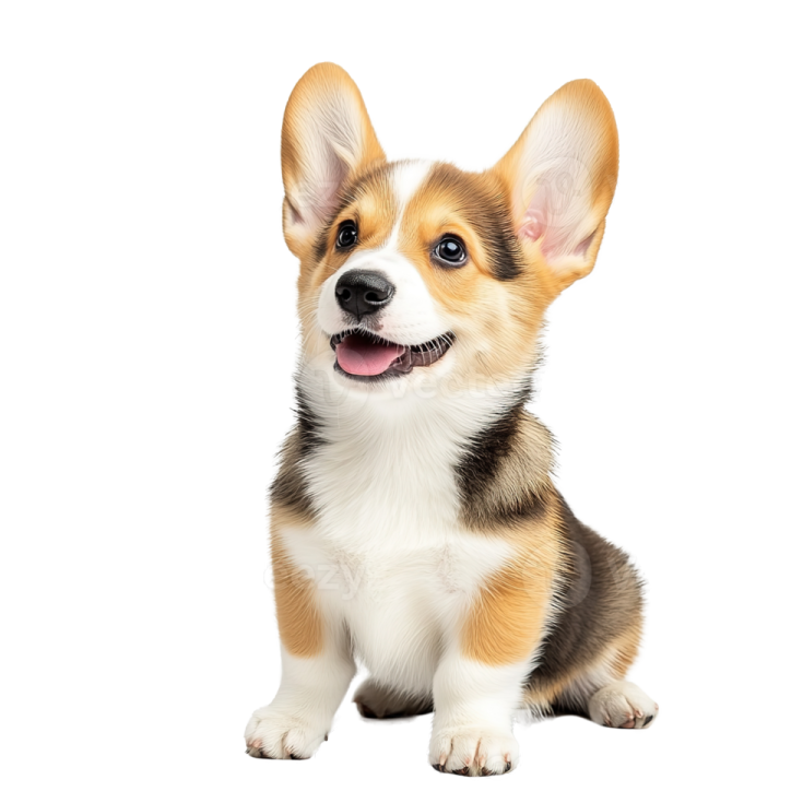 a pembroke corgy puppy sitting in front of white background