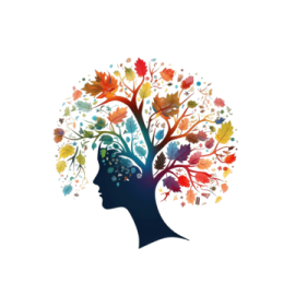 a woman's head with colorful leaves coming out of it