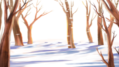 a painting of trees in the snow