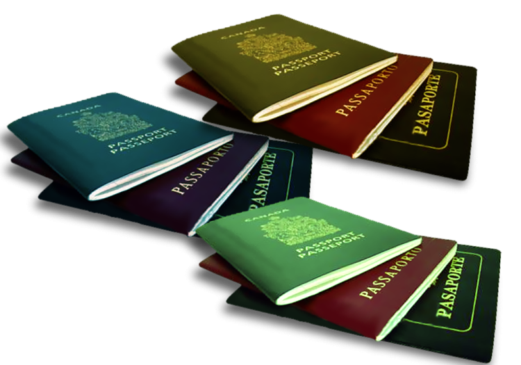 four passports on a white background