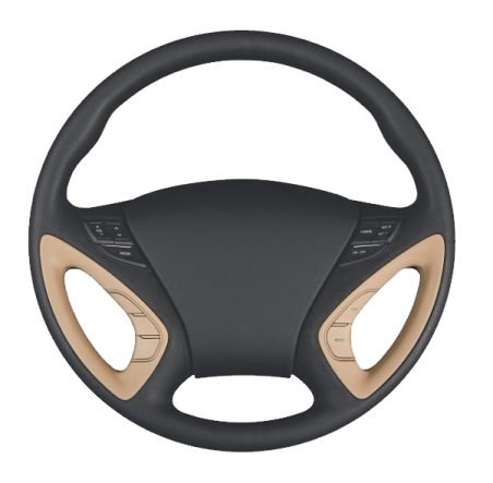 the steering cover is made of black leather and tan leather