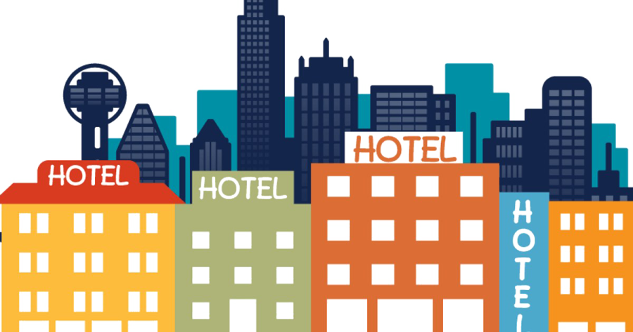 a city skyline with the words hotel on it