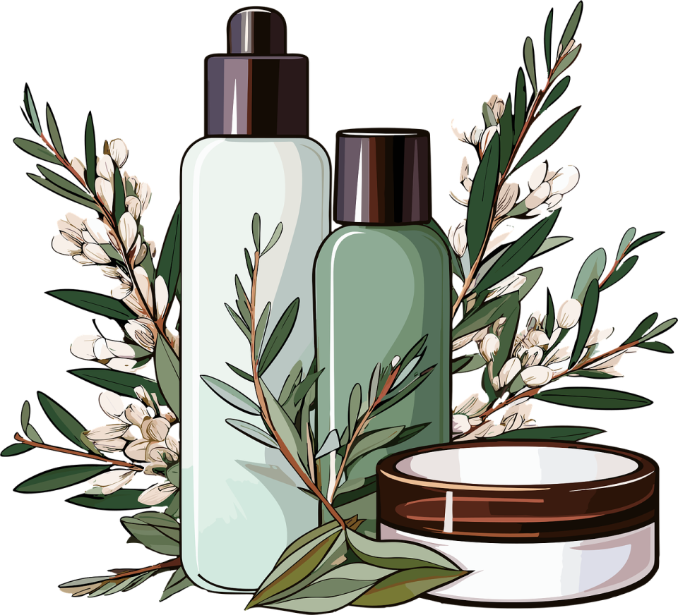 a set of cosmetics products with flowers and leaves