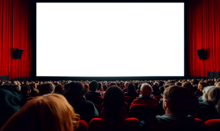 a large screen in the middle of a movie theater