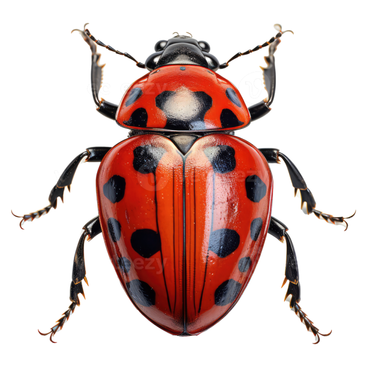 a red and black beetle on a white background
