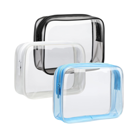 a set of three clear, black and blue storage bags