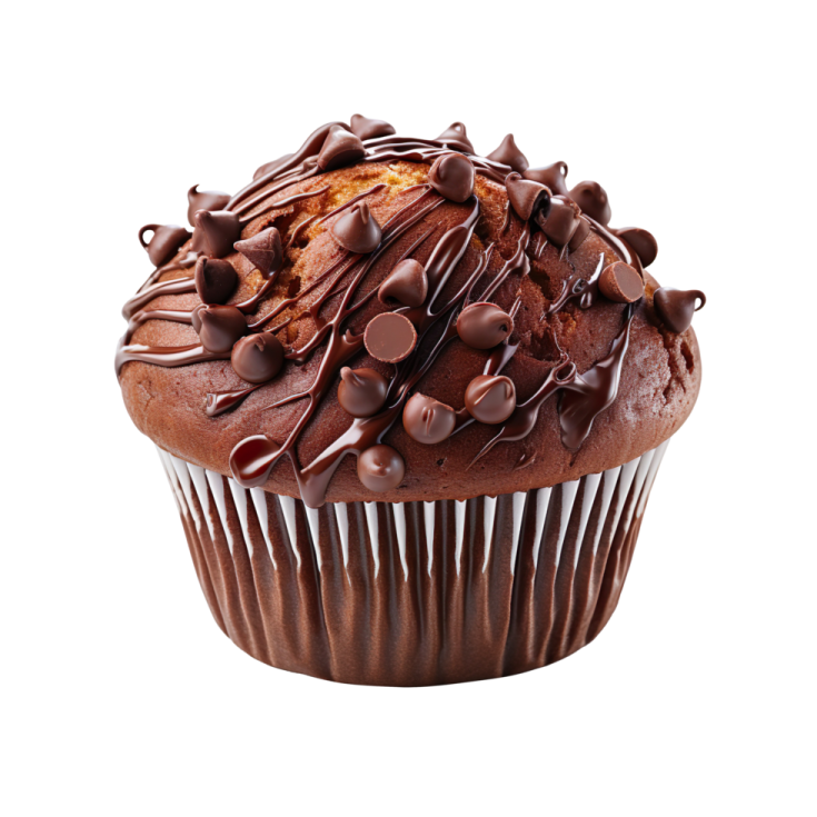 a chocolate cupcake with chocolate chips on top