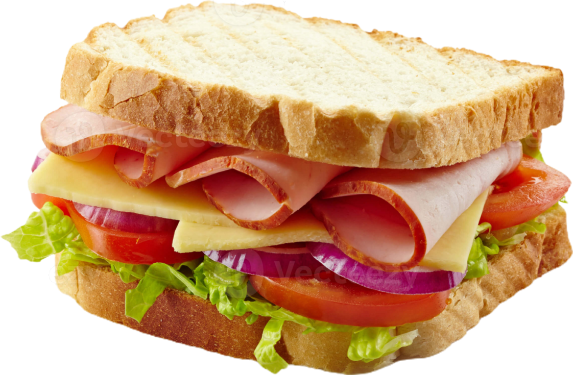 a sandwich with ham, cheese, tomato and lete on a white background