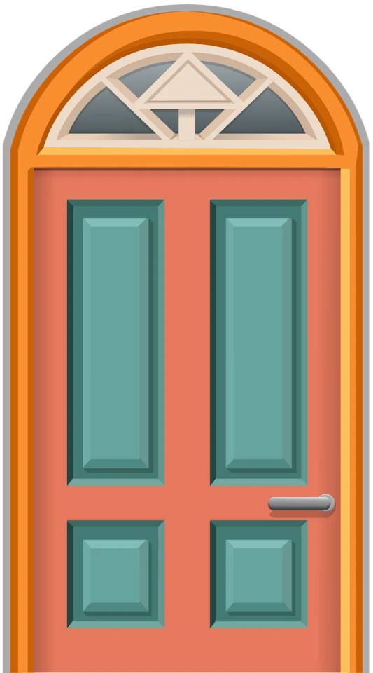 a red door with two windows