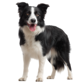 a black and white dog with its tongue out