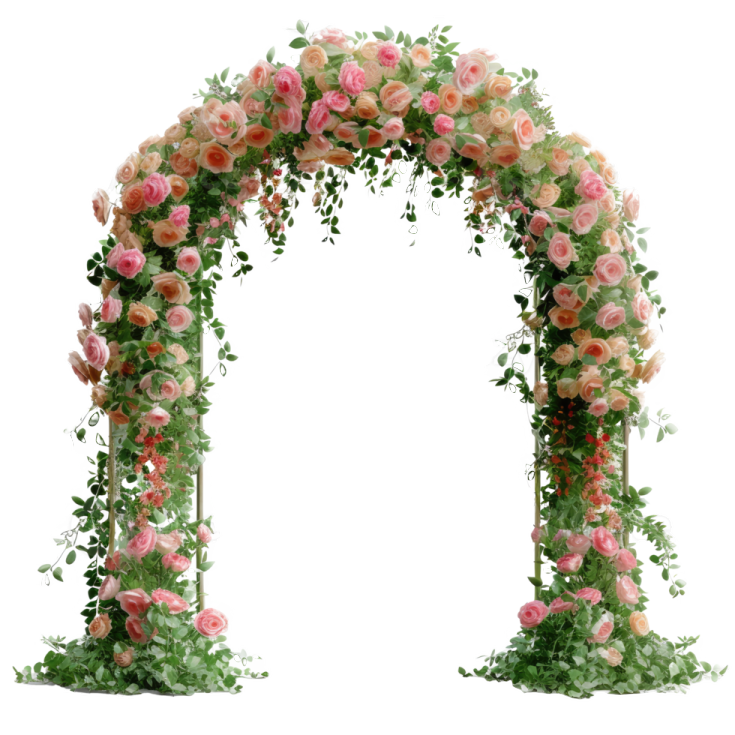 a floral arch with pink roses and greene