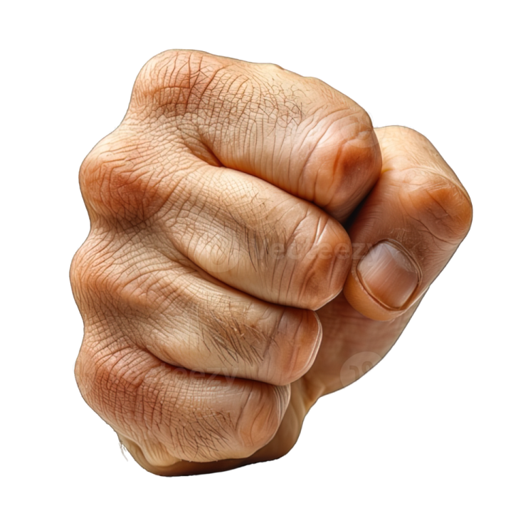 an old man's fist with a white background