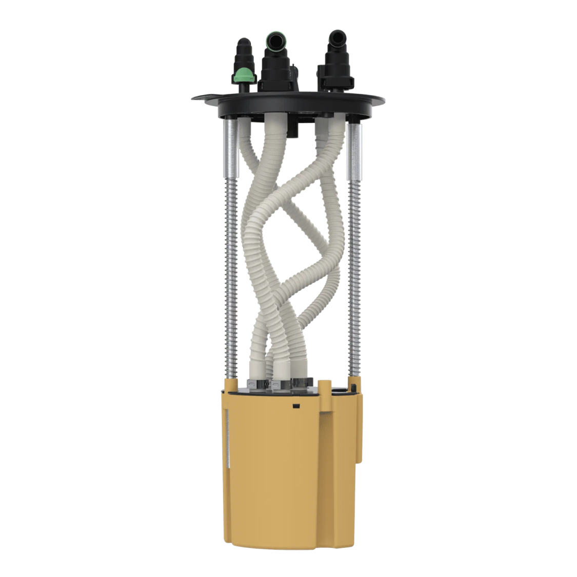 a yellow pump with a hose attached to it