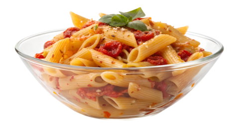 a glass bowl filled with pasta and sauce