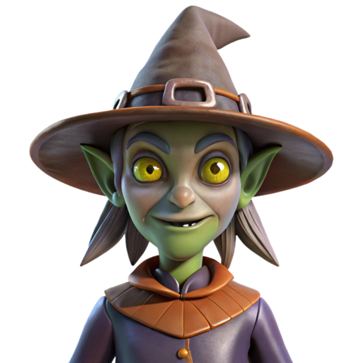 a cartoon character in a witch costume