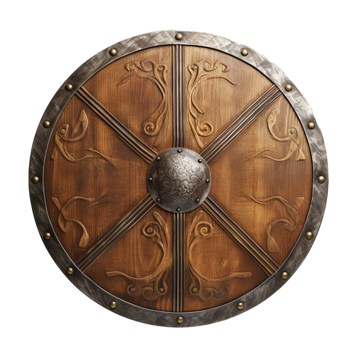 a wooden shield with metal decorations on it