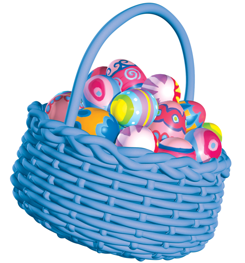 a blue basket filled with easter eggs