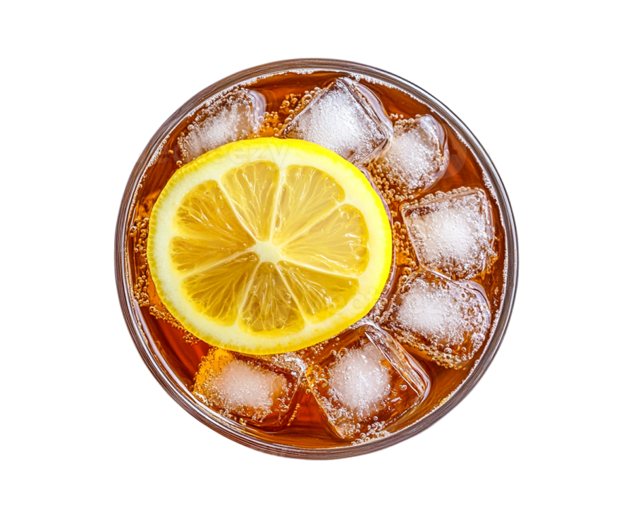 a glass filled with ice and a lemon slice
