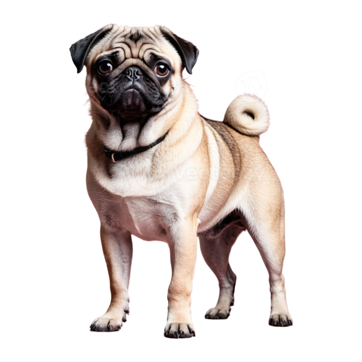 a small pug dog standing on a white background