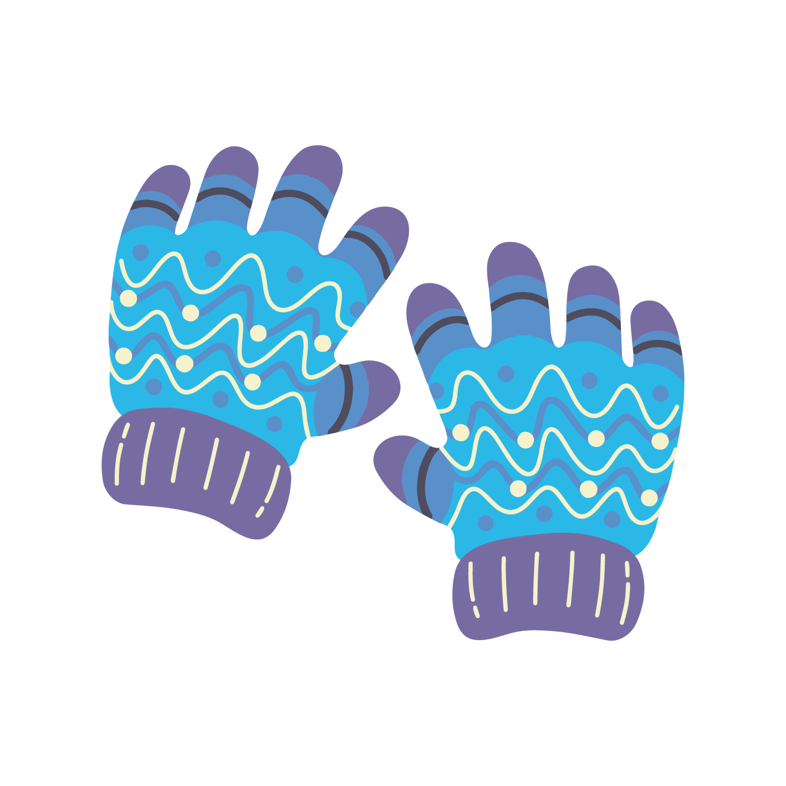 two gloves with blue and purple designs