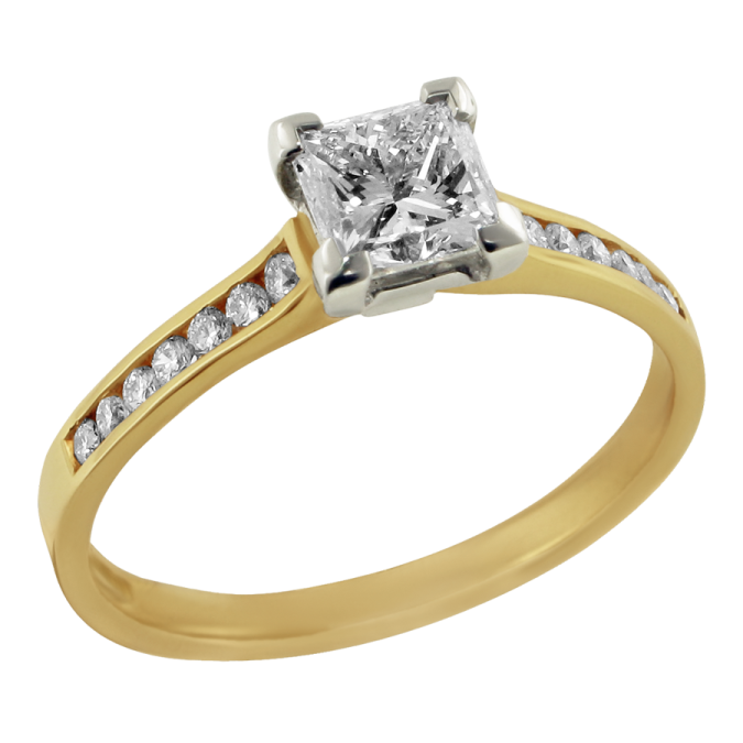 a yellow gold engagement ring with a princess cut diamond