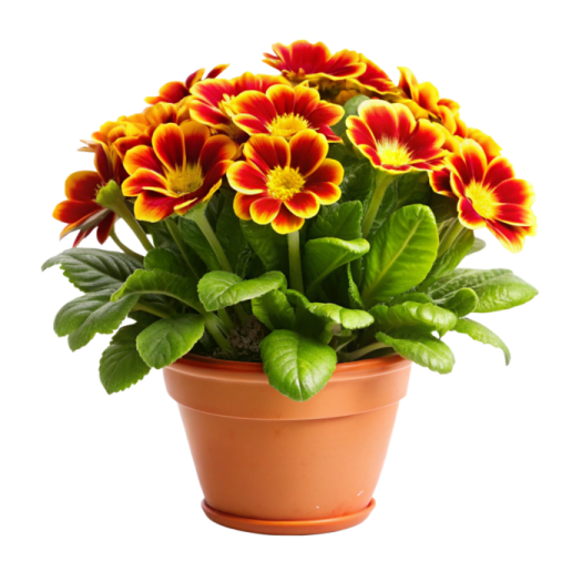 a small pot filled with yellow and red flowers