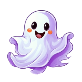 a purple ghost with a white face and orange eyes