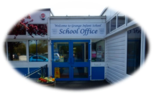the front of a school building with a blue door