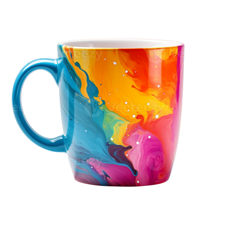a colorful coffee mug on a white background