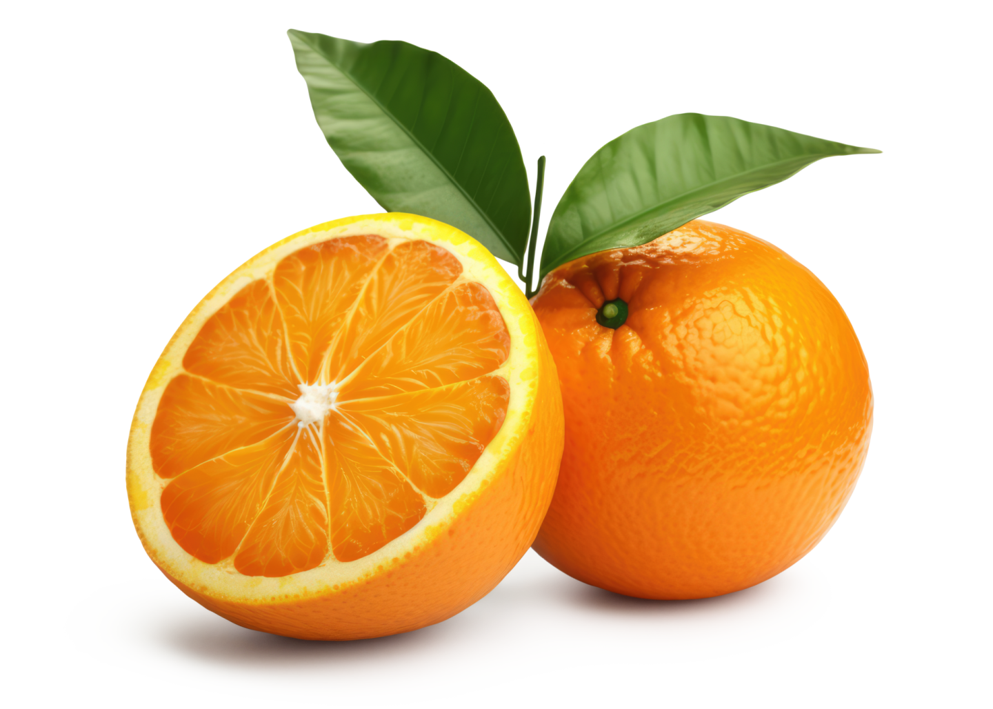 two oranges with leaves on a white background