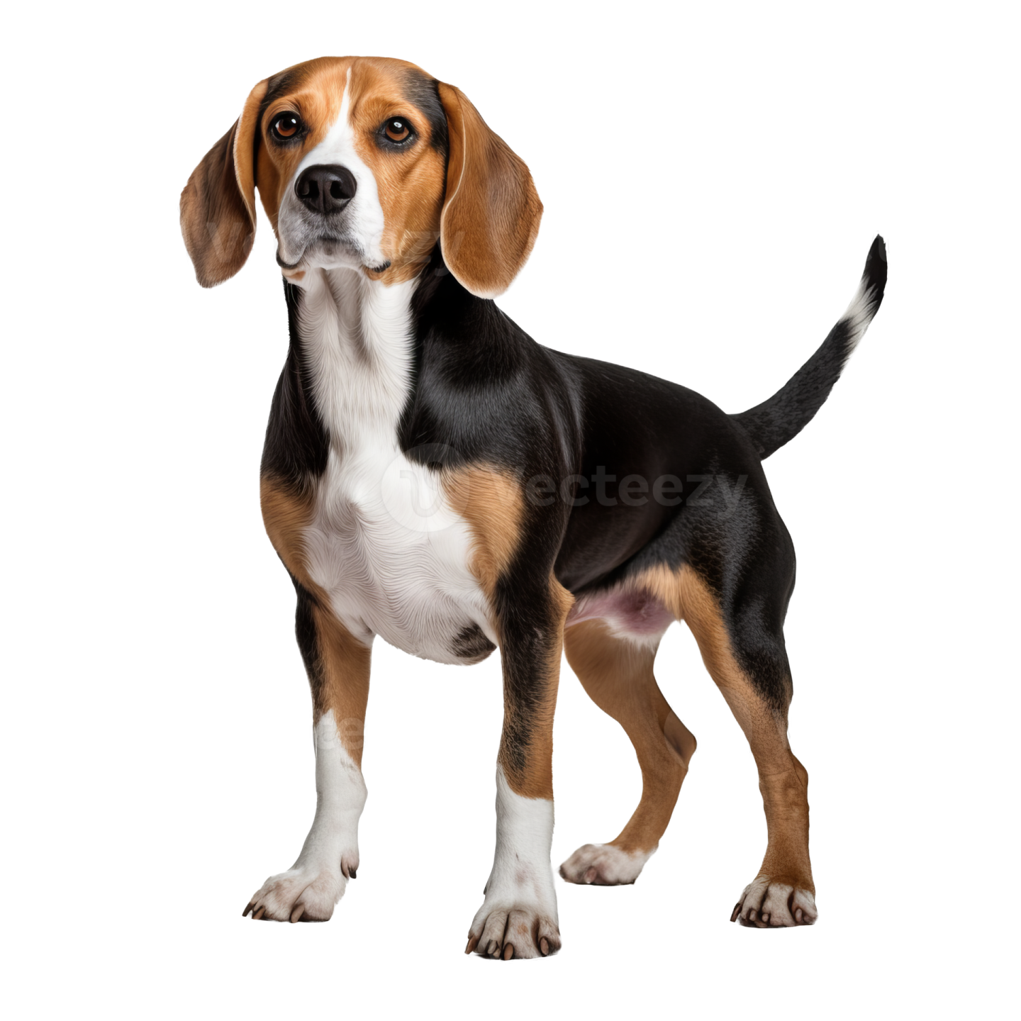 a brown and black dog standing on a white background