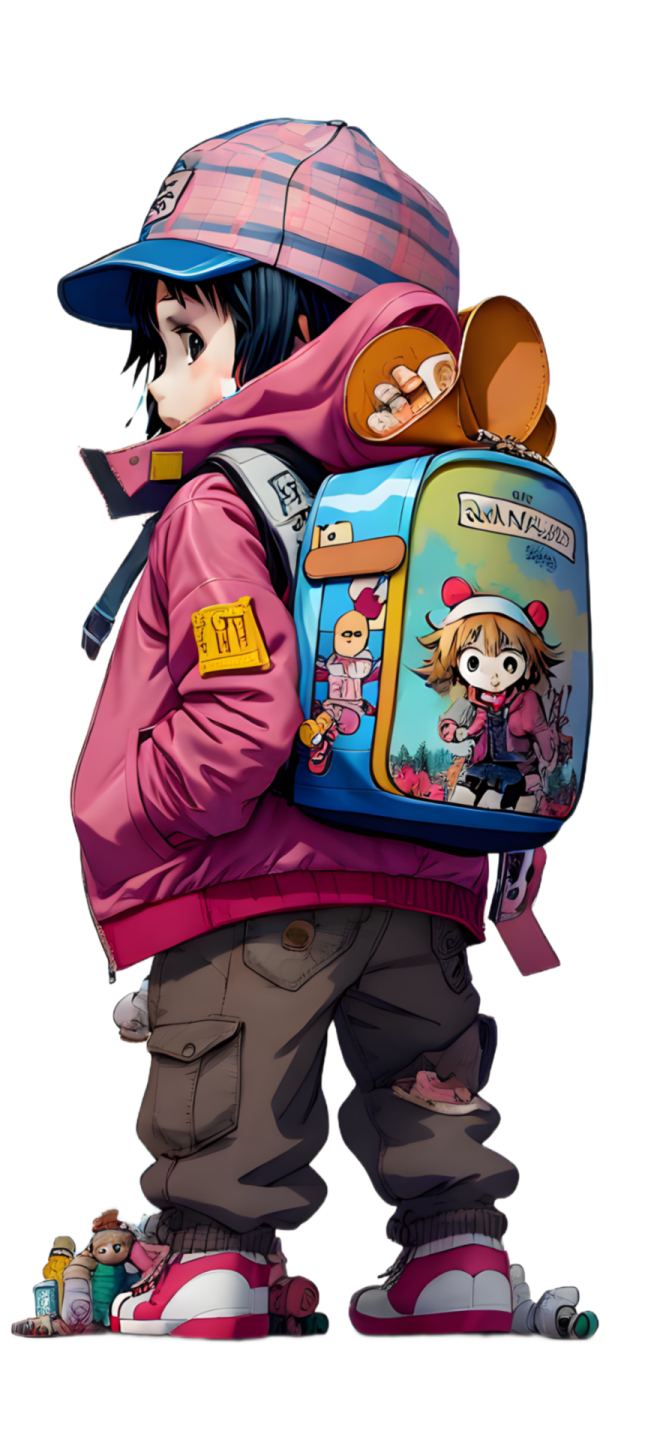 a cartoon character with a backpack on his back