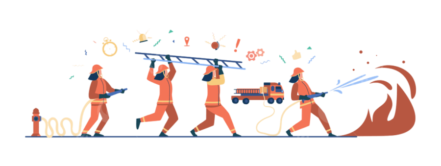 a group of people working on a fire