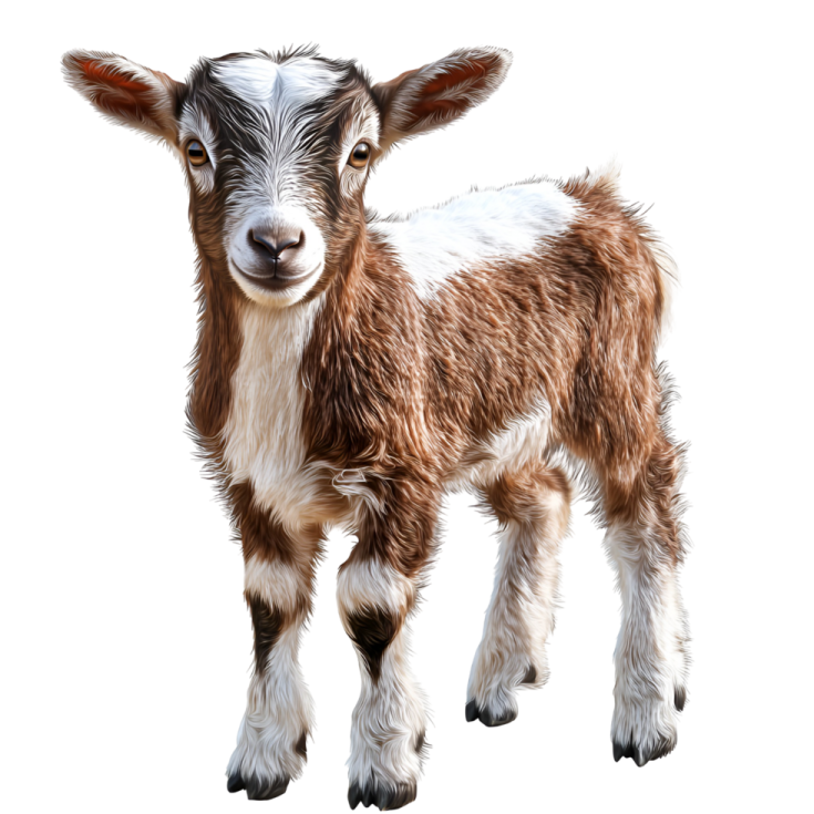 a baby goat standing on top of a white surface