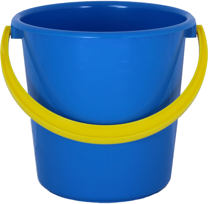 a blue plastic bucket with yellow handles