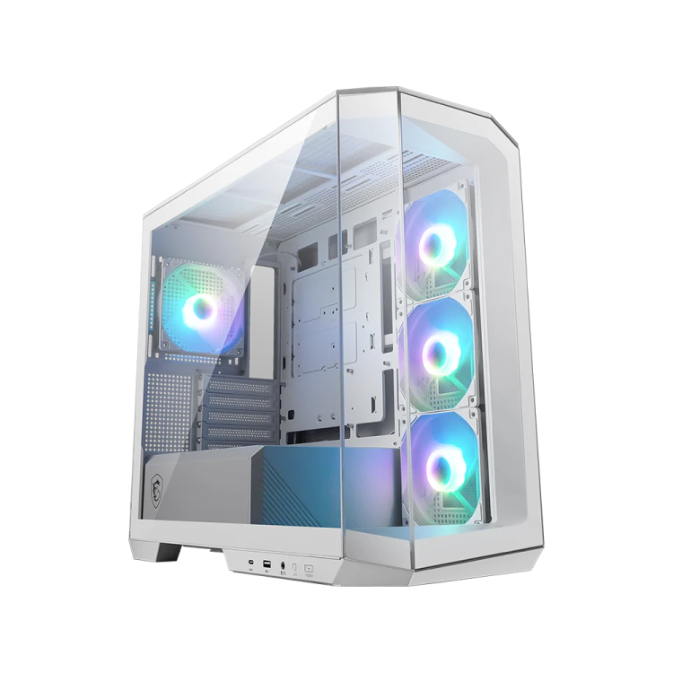 a white and blue computer case with two fans