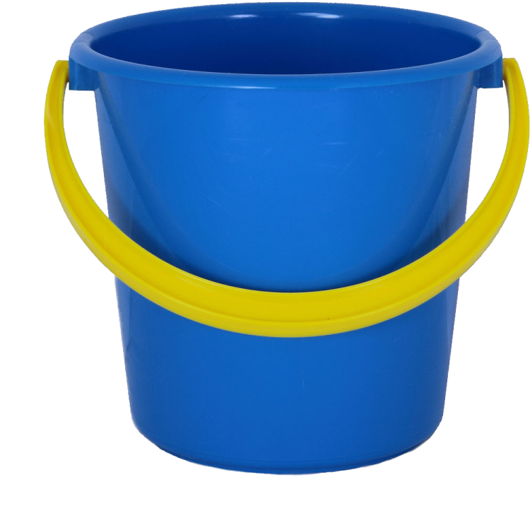 a blue plastic bucket with yellow handles